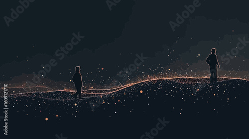 Two figures stand on a glowing, starlit landscape in a dark, moody scene
