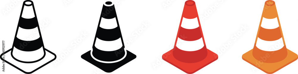 Fototapeta premium Traffic cone illustration set, black-white outline to red and orange versions, four styles progression for safety signage, icon design, vector artwork template