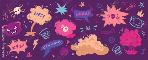 Crayon doodle speech bubbles with colorful chalk lines and abstract swear words. Angry expressions, rude symbols, curse shapes. Vector hand drawn conversation frames with bad, negative emotion