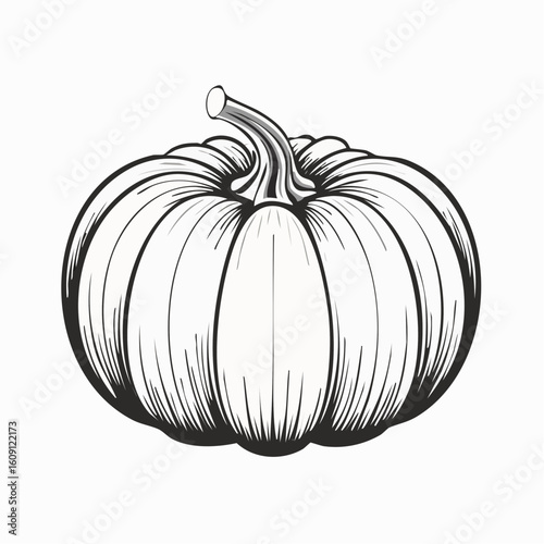 Pumpkin Contour Illustration: A finely detailed line drawing of a plump pumpkin, rendered with elegant simplicity, showcases the iconic fruit in its purest form.