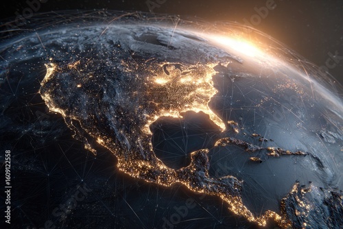 North America at night, illuminated by city lights, connected by a network of lines, viewed from space