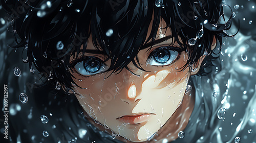 Anime Boy in the Rain Pensive Gaze, Digital Art