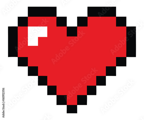 A vibrant red pixelated heart symbol with a bright white highlight presented in a classic 8-bit retro video game art style on a clean white background