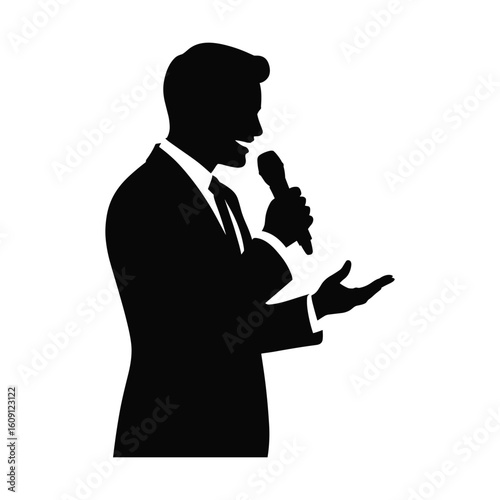 Silhouette of a confident man speaking into a microphone with an open hand gesture