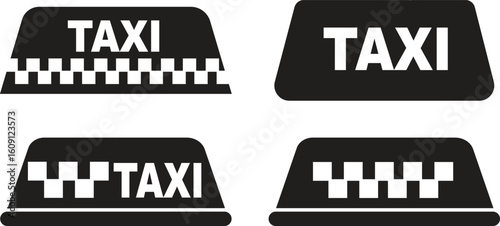 Taxi symbol icons set in solid vector styles. Cab group, taxicab collection, transportation signs, car silhouette, front view taxi symbols, travel, vehicle elements, and pickup illustrations.