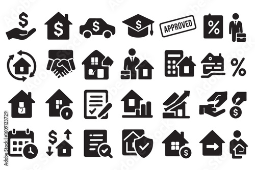 Collection of real estate and finance icons representing home buying and investment