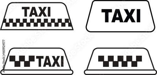 Taxi symbol icons set in line vector styles. Cab group, taxicab collection, transportation signs, car silhouette, front view taxi symbols, travel, vehicle elements, and pickup illustrations.