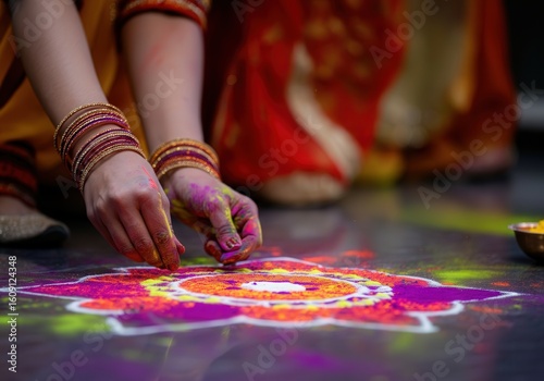 Hands creating colorful rangoli design during Diwali festival
