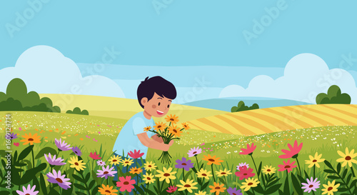 Young caucasian male child gathering wildflowers in a vibrant summer field landscape. Vector illustration