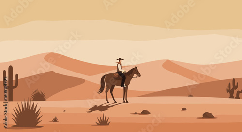 Lone cowboy on horse in desert landscape with cacti and sand dunes at sunset. Vector illustration