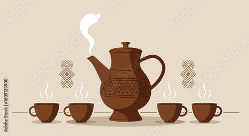 Steaming coffee pot with four cups on ornamental background design. Vector illustration