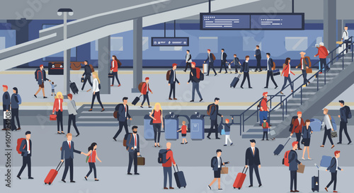 Busy train station with diverse crowd and travelers in urban setting. Vector illustration