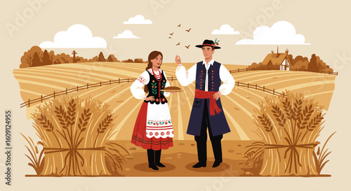 Traditional polish folk costume - caucasian male and female in countryside. Vector illustration