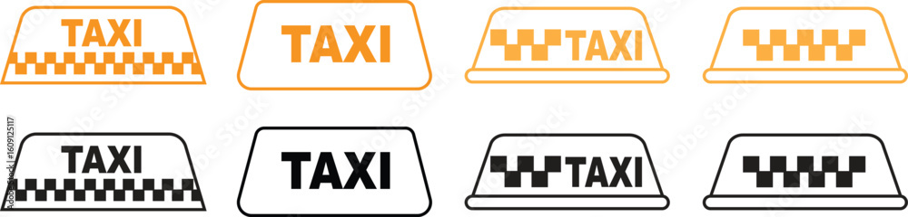 Obraz premium Taxi symbol icons set in line vector styles. Cab group, taxicab collection, transportation signs, car silhouette, front view taxi symbols, travel, vehicle elements, and pickup illustrations.