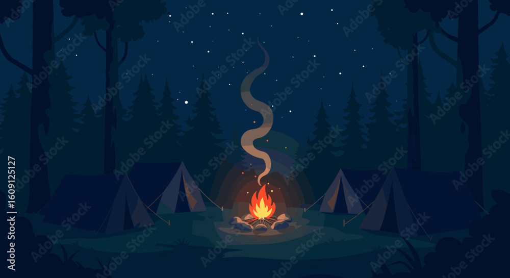 Fototapeta premium Night camping scene with tents and campfire in forest under starry sky. Vector illustration