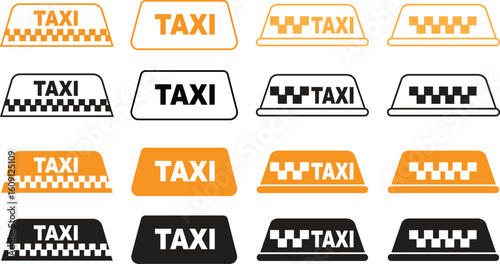 Taxi symbol icons set in solid and line vector styles. Cab group, taxicab collection, transportation signs, car silhouette, front view taxi symbols, travel, vehicle elements, and pickup illustrations.