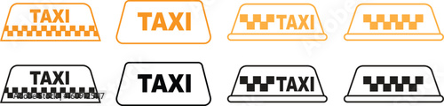 Taxi symbol icons set in line vector styles. Cab group, taxicab collection, transportation signs, car silhouette, front view taxi symbols, travel, vehicle elements, and pickup illustrations.