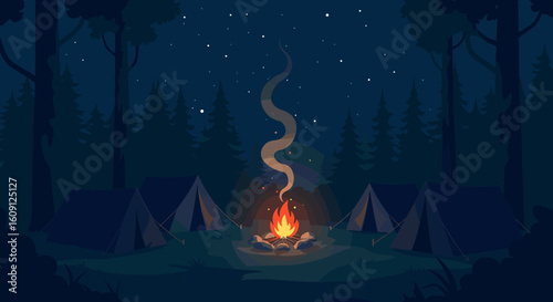 Night camping scene with tents and campfire in forest under starry sky. Vector illustration