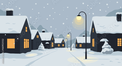 Snowy winter village evening scene with snow-covered houses and streetlights illuminating. Vector illustration