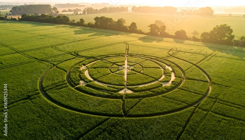 Crop circle in a field at sunrise