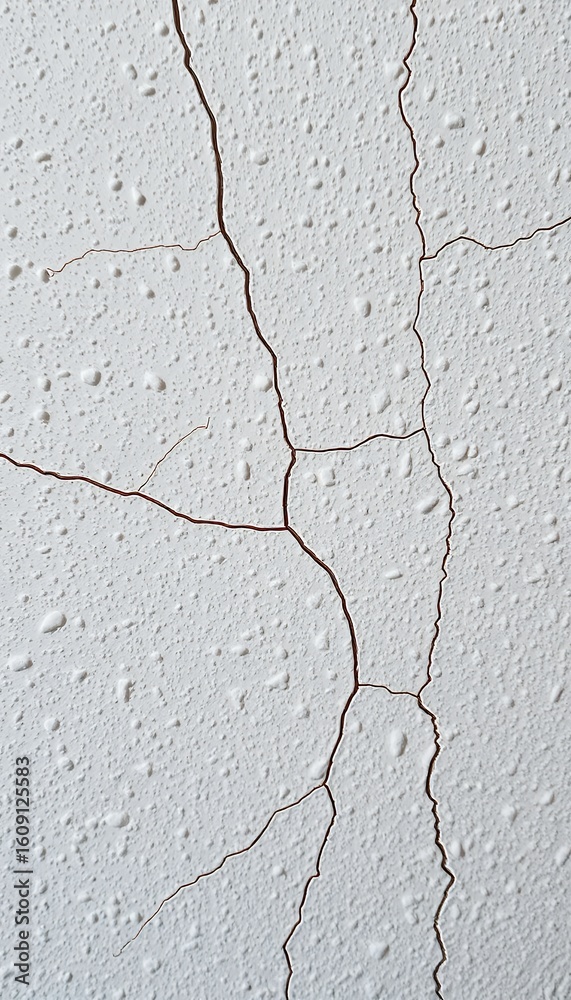 Fototapeta premium White textured wall surface with multiple brown cracks damage and texture detail