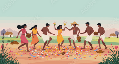 Celebration dance in rural landscape: diverse group of young adults in traditional clothing. Vector illustration