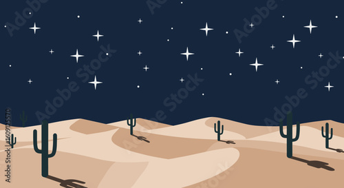 Starry night sky over desert landscape with sand dunes and cacti. Vector illustration
