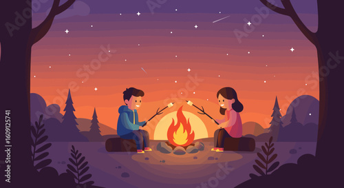 Young caucasian teens roasting marshmallows by campfire under starry sky. Vector illustration