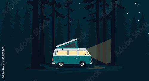 Vintage camper van with lights on in a dark forest under starry night sky. Vector illustration