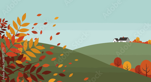 Autumn landscape with falling leaves and house in rolling hills. Vector illustration