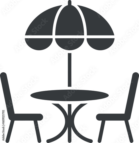 Outdoor cafe table and chairs with umbrella icon
