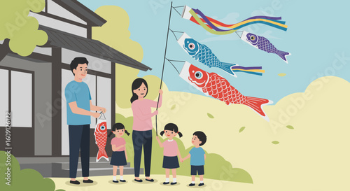 Asian family celebrating children's day with koinobori flags outdoors. Vector illustration