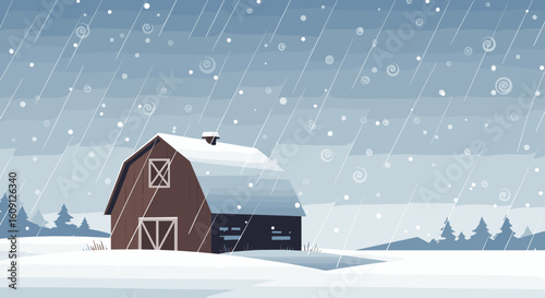 Winter barn amid snowy landscape with falling snowflakes and overcast sky. Vector illustration