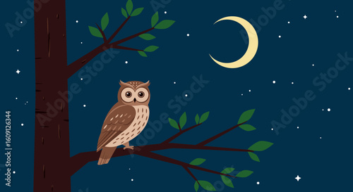 Owl perched on tree branch under moonlit sky with stars. Vector illustration