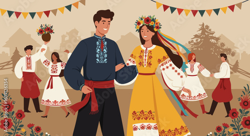 Caucasian young adults in traditional ukrainian attire celebrating folk festival with dance and music. Vector illustration