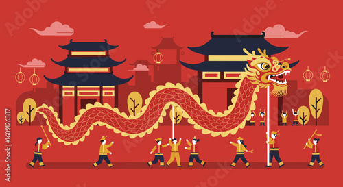 Traditional asian dragon dance festival celebration with participants and pagodas. Vector illustration