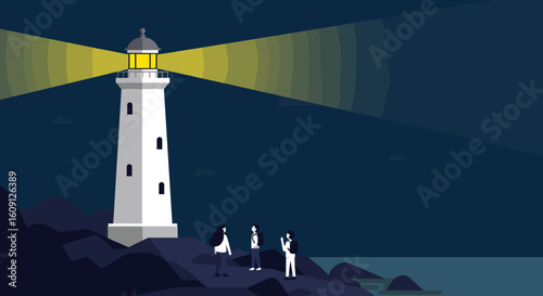 Nighttime lighthouse scene with people: illuminating coastline and guiding vessels. Vector illustration