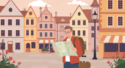 Young caucasian male tourist exploring quaint european town with map in hand. Vector illustration