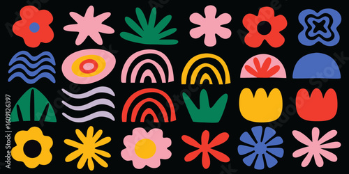 Vibrant abstract shapes and flowers on black background