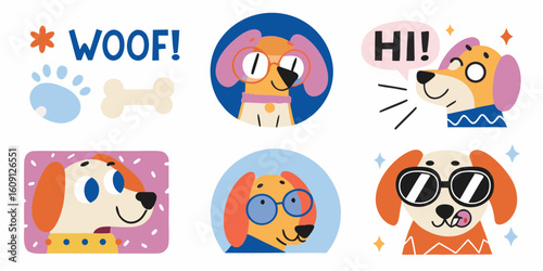 Collection of cute cartoon dogs with fun accessories and sayings