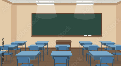Empty classroom with blue desks and chalkboard in brightly lit school setting. Vector illustration