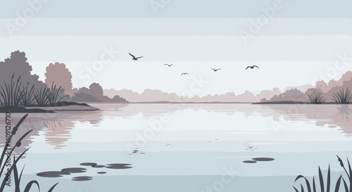 Serene lake landscape with birds and trees in soft pastel colors. Vector illustration
