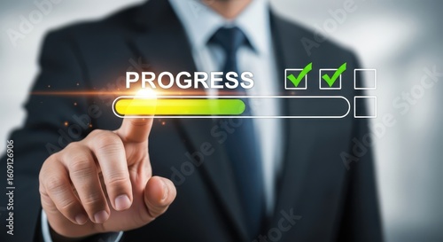 Businessman Tracking Project Progress with Digital Interface