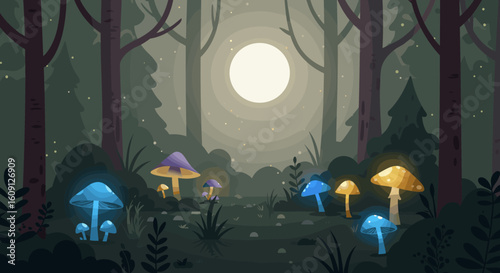 Enchanted forest night with glowing mushrooms under a full moon. Vector illustration