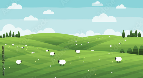 Idyllic pastoral landscape with grazing sheep on rolling green hills under a cloudy sky. Vector illustration
