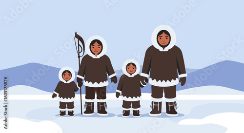 Inuit family in traditional winter clothing standing in icy landscape. Vector illustration