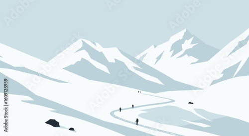 Minimalist winter landscape with snowy mountains and walking people in the distance. Vector illustration