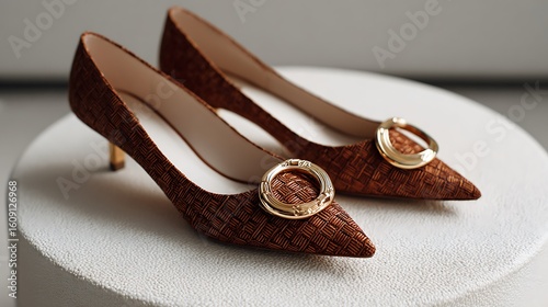 Brown woven high heels with pointed toe gold buckle on white circle surface modern fashion flat lay