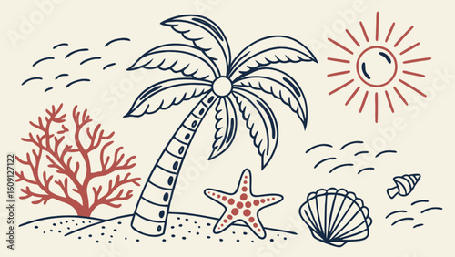 Summer beach vacation drawing with palm tree sun starfish and seashell for travel and tourism design
