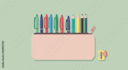 Pastel pencil case with colorful pens, pencils, and sharpener on green background. Vector illustration
